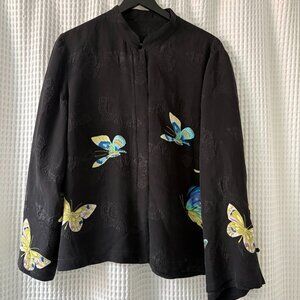 Reversible silk butterfly print black mandarin collar shirt jacket women's large